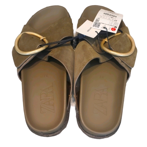 New W/Tags! Zara Olive Leather Cross Buckle Slide